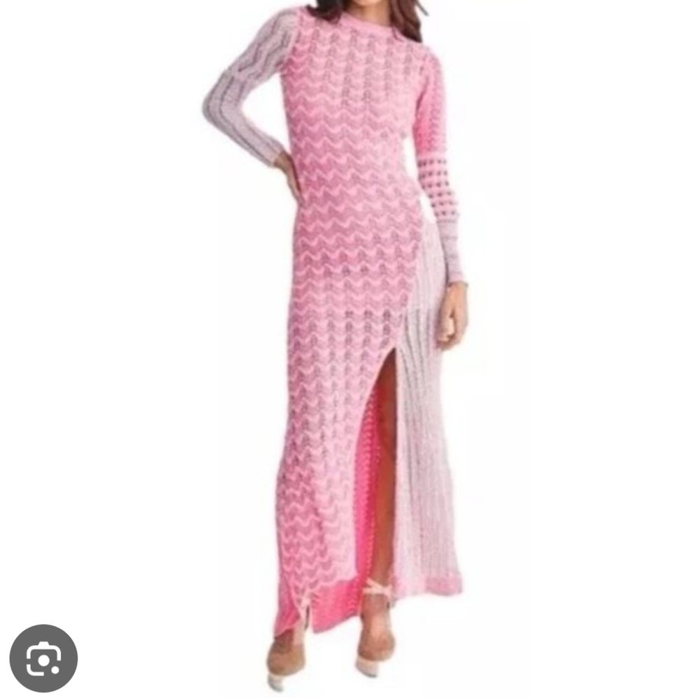 Loveshackfancy Pink Crochet Knit Open Back Maxi Dress